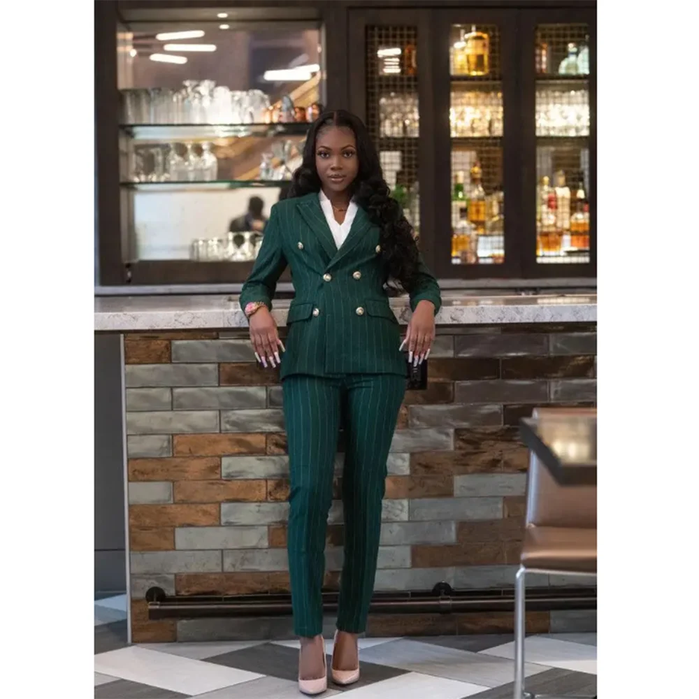 Elegant Green Striped Women Suit Double Breasted 2 Piece Jacket Pants Female Clothing Formal Office Lady Slim Fit Blazer Set