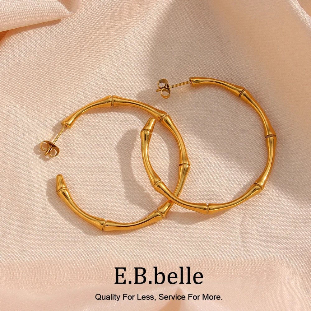 Ebbelle Minimalista Básico Fino Bambu Grande Brincos de Argola de Ouro Para Mulheres Banhado A Ouro de Aço Inoxidável À Prova D 'Água Feminino Grande Argola