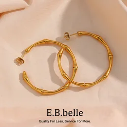 E.B.belle Minimalist Basic Thin Bamboo Large Gold Hoop Earrings For Women Stainless Steel Gold Plated Waterproof Female Big Hoop