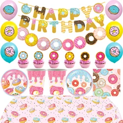 Sweet Donut Birthday Tableware Plates and Napkins Tablecloth Girls Donut Party Decorations Dinnerware Party Favors Supplies
