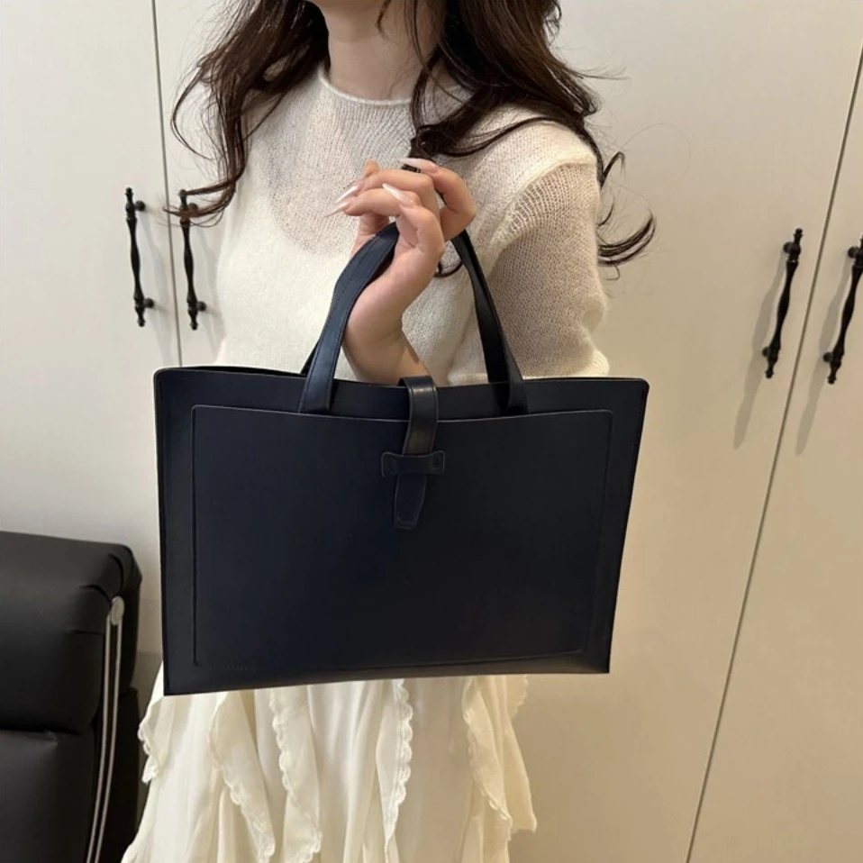 Tas Tote File Warna Solid Sederhana Tas Kantor Bisnis Tas Tangan Laptop Kasual Kulit PU Pria Wanita
