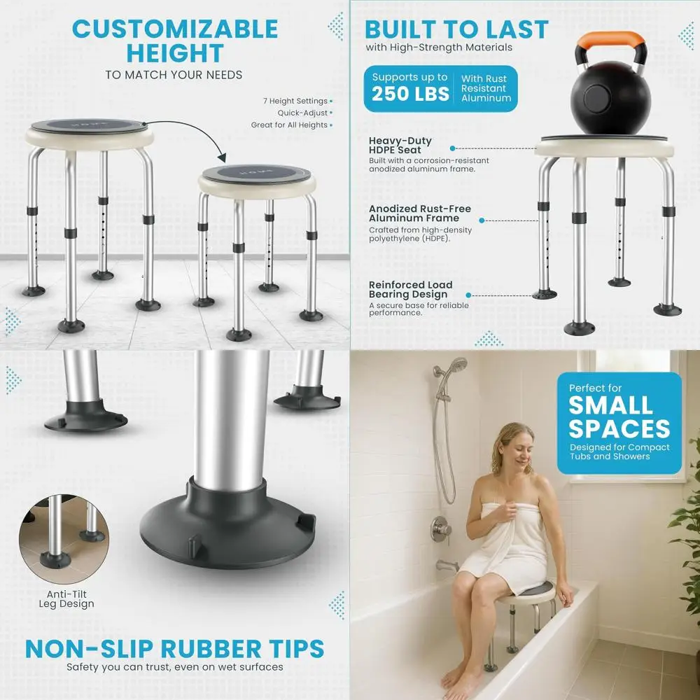 

360° Swivel Bath Seat for Adults & Elderly - Adjustable Height, Non-Slip Shower Stool with Safety Features