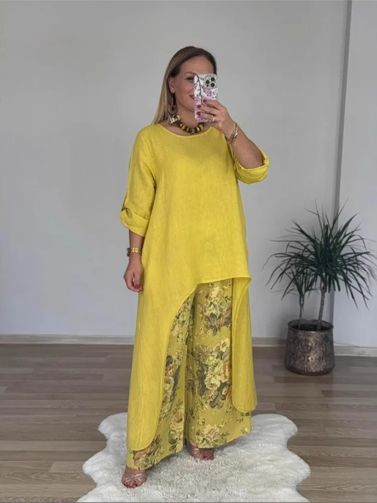 Conjunto de dos piezas de pantalones de pierna ancha con estampado retro, Top Irregular informal de Color sólido a la moda, conjunto de pantalones de lino y algodón para mujer