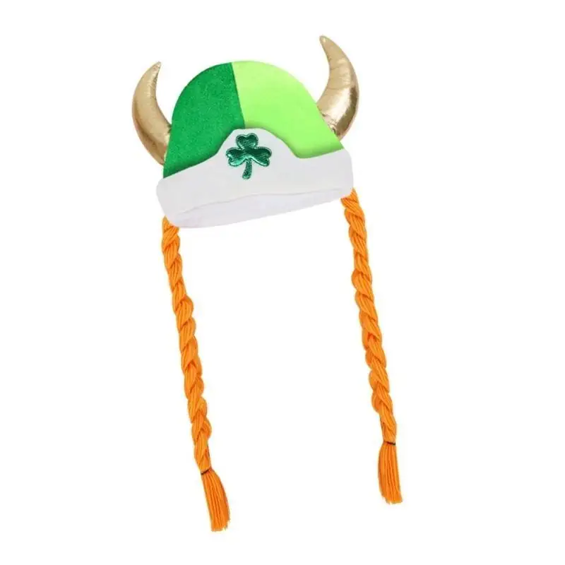 652F StPatricks Day Celebration Braid Hat with Shamrock Horn Festival Props Headwear