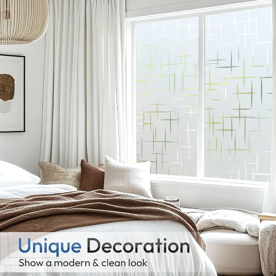 욕실 및 현관문용 장식용 비접착식 프라이버시 필름, 십자 패턴 반투명 유리 효과로 프라이버시 강화