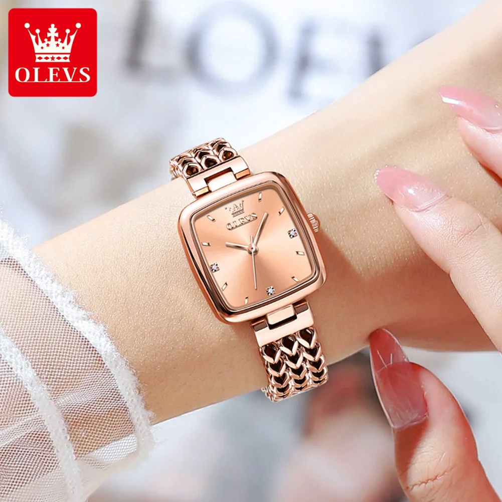 OLEVS Women\'s Quartz Watch Fashion Rose Gold Elegant Women\'s Watch Stainless Steel Simple Square Waterproof Women\'s Watch 9951