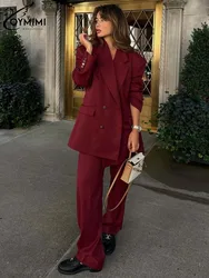 Oymimi-Blazers rouges élégants pour femmes, ensemble deux pièces, chemise à manches longues, double boutonnage, pantalon pleine longueur simple, mode féminine