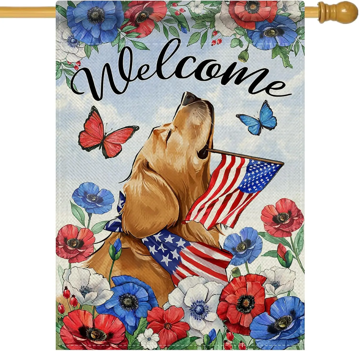 Welcome 4th of July Golden Retriever Dog Patriotic Decorative House Flag, America USA Pet Anemone Flower Garden Yard Outside AAS