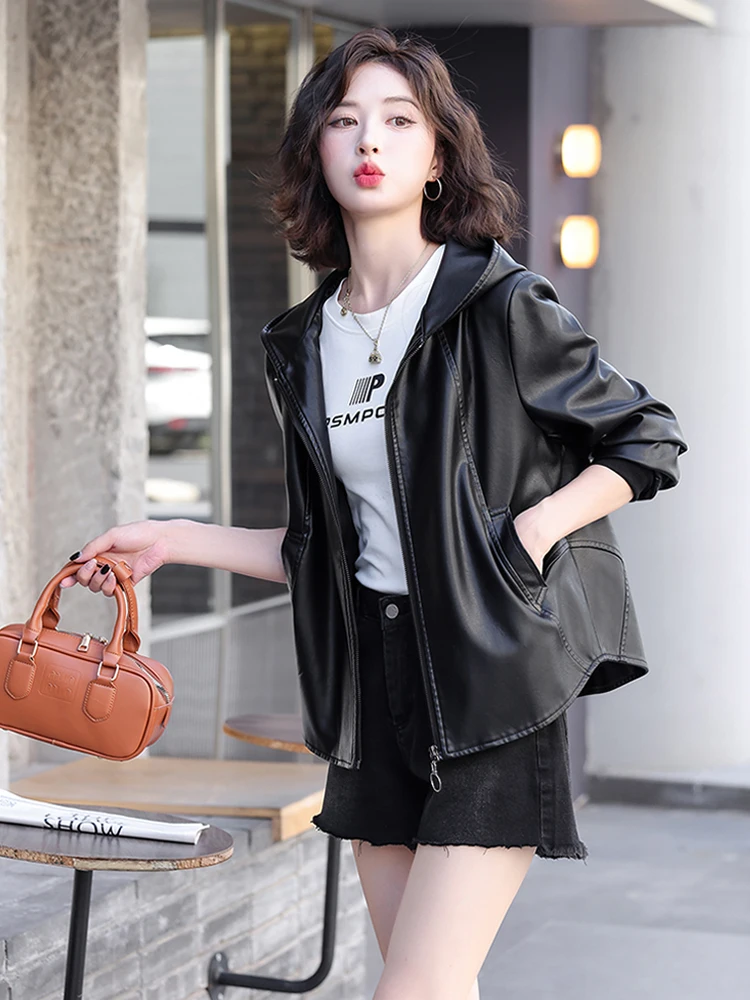 New Women Casual Leather Jacket Spring Autumn Fashion Hooded Zipper Split Leather Loose Outerwear Short Sheepskin Tops Coat