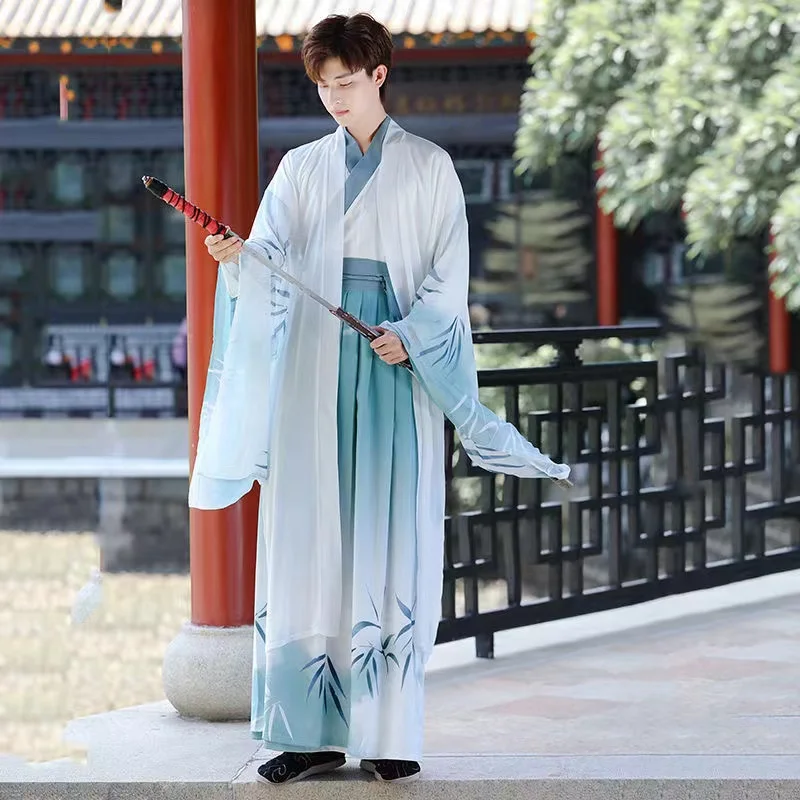 Costume de Cosplay Hanfu Chinois pour Homme, Chemise Bleue, Jupe, Veste, Ensemble de 3 Pièces Vintage, Grande Taille 2XL, Halloween