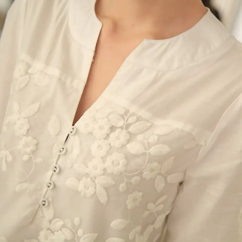 Casual Stylish Floral Embroidery Midi Blouse Summer Loose Half Sleeve All-match Female Hollow Out Elegant V-Neck Button Shirt