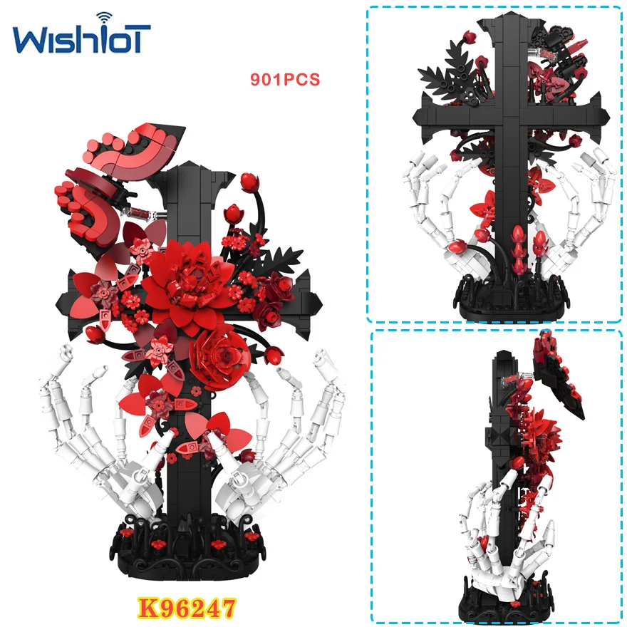 

Конструктор MOC: Модель руки-черепа с розой, серия «Ужасы», сборные игрушки-цветы, украшения, мелкие кирпичики, подарки для мальчиков на праздники, сделай сам