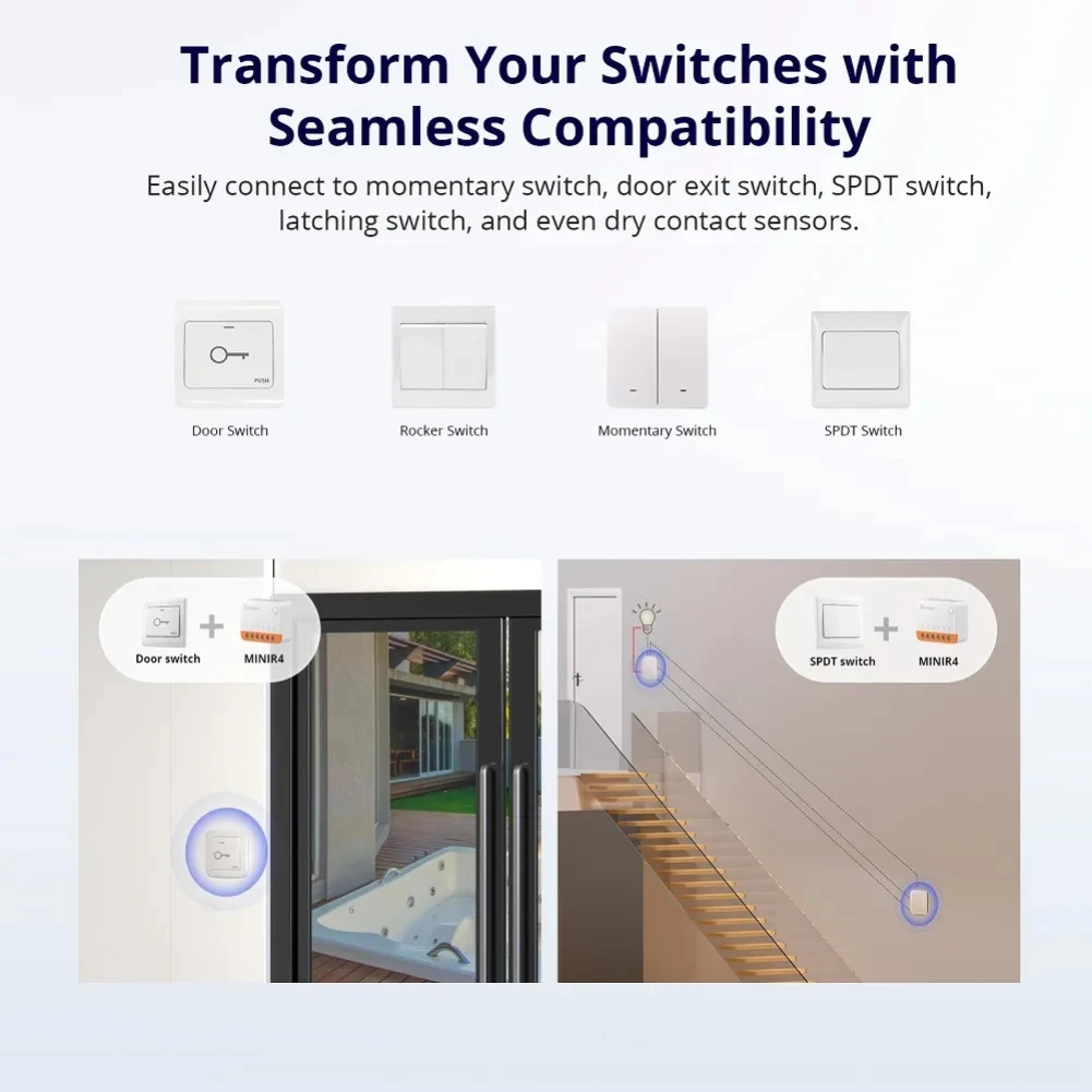 SONOFF-miniinterruptor inteligente R4 para el hogar, dispositivo con Wifi, Control de 2 vías, R5, S-MATE, funciona con Alexa, Google Home, Yandex,