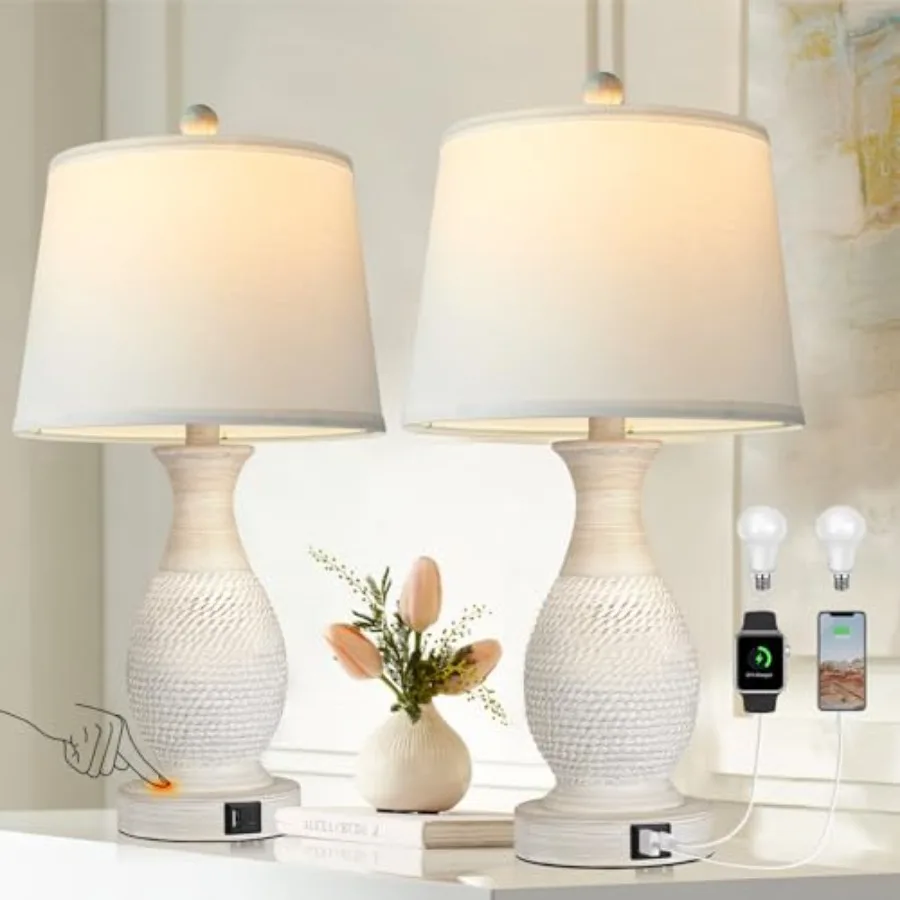 Table Lamps Set of 2, Bedside Touch Lamp with USB C+A Charging Ports, Side Table Lamp with White Fabric Shade LED Bulbs Include
