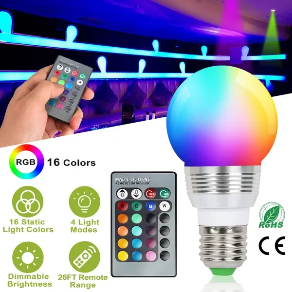 Bombillas LED de 16 colores cambiantes E27 3W RGB, lámpara de iluminación ambiental regulable, control remoto IR