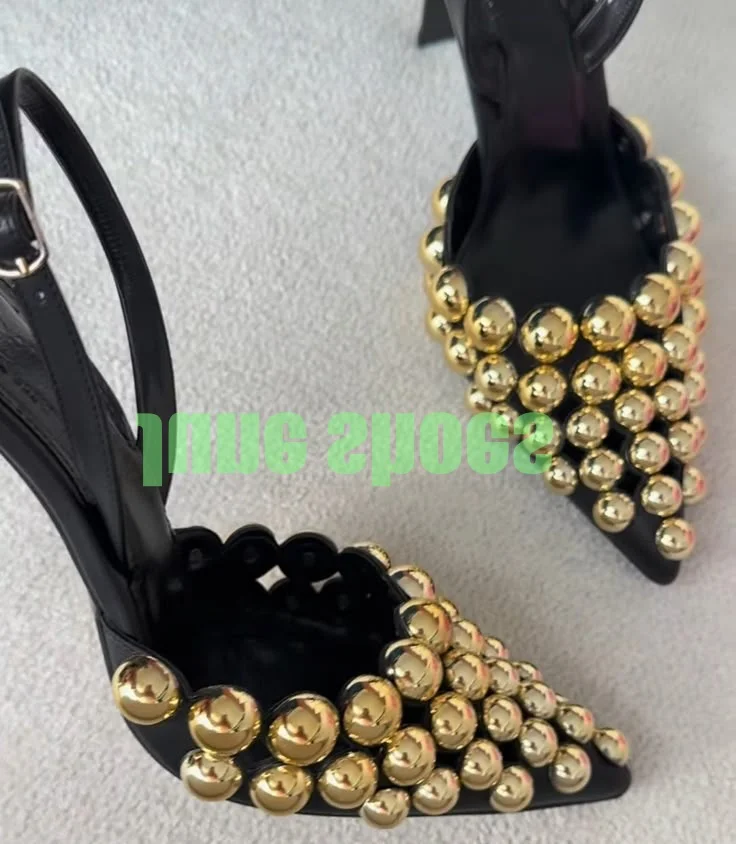 

Lady Gold Metal Design Pointed Toe Party Pumps Sexy Black Strap High Heels Elegant Banquet Footwear New Arrive Runway Pumps Size