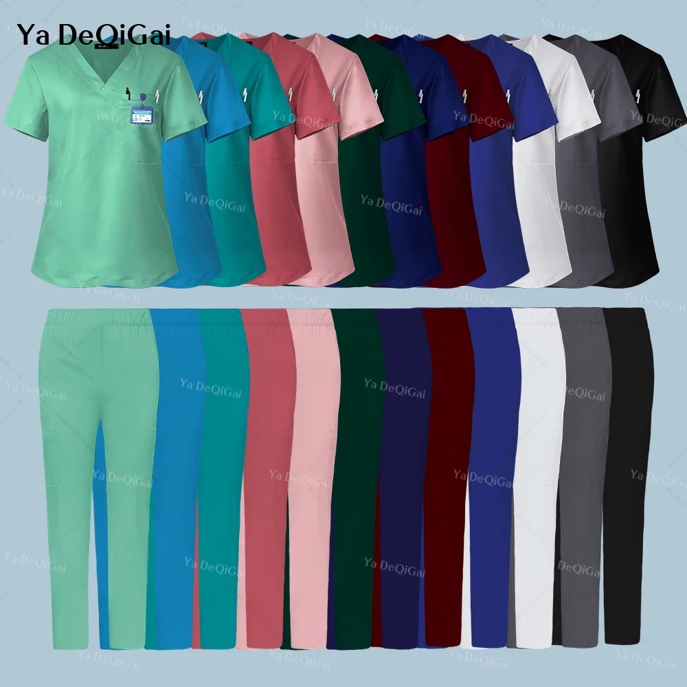 

Unisex Straight Scrubs Uniform V-neck Suits Pockets Tops Pants Set Multicolor Nursing Uniform Women Men Doctor Surgical Workwear