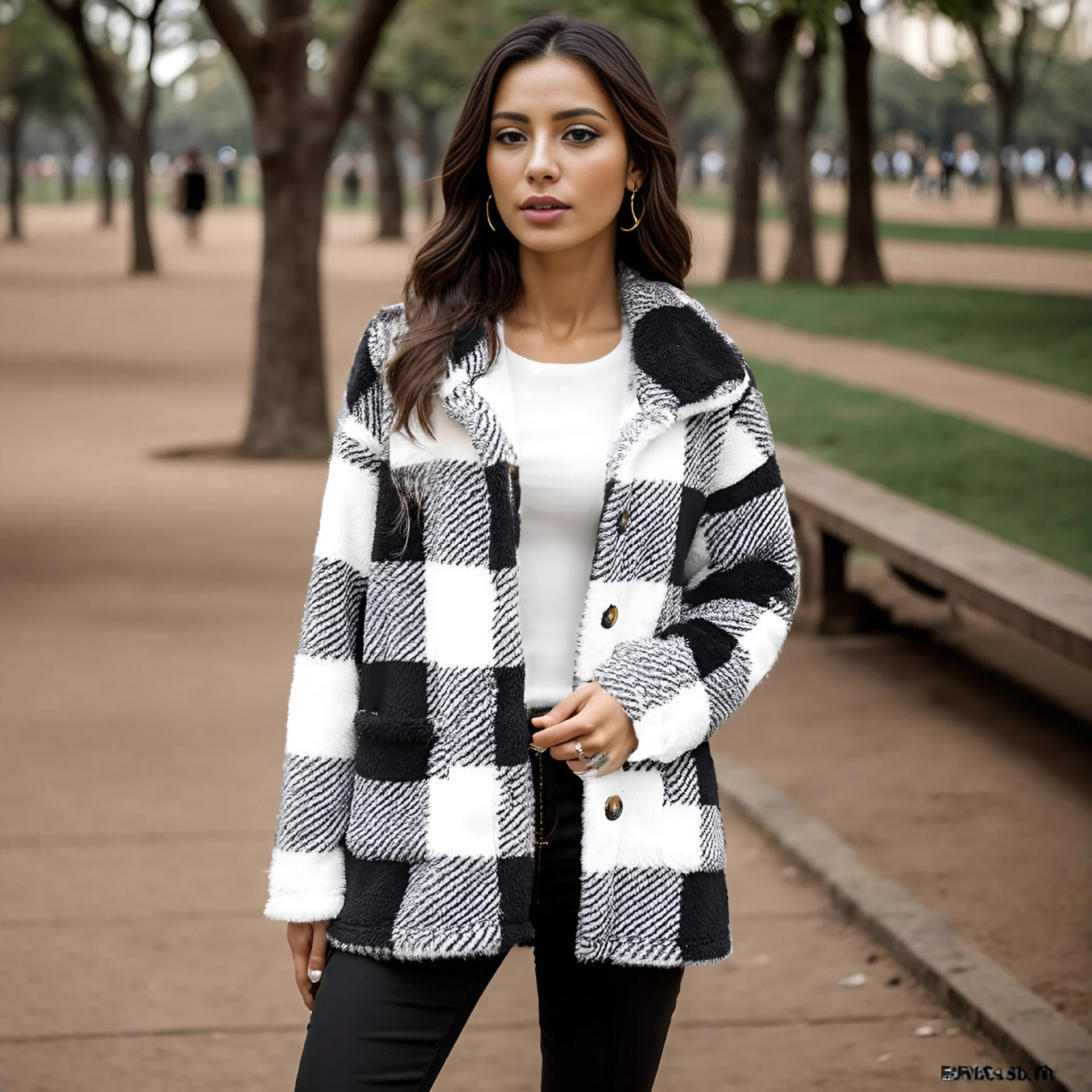 

Winter New Fashion Plaid Women Casual Jacket Simple Medium To Long Style Lapel Female Plush Warm Coat