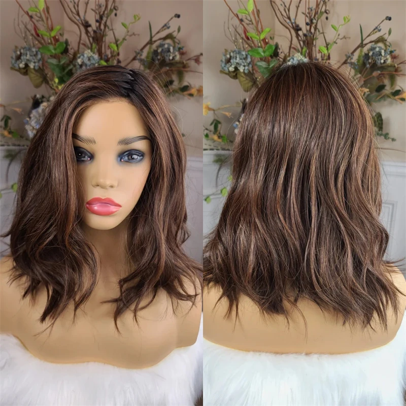

Party Daily Cosplay Wig Ombre Dark Caramel Brown Highlights Synthetic HD Lace Front Wig Short Wave Bob for White Black Women