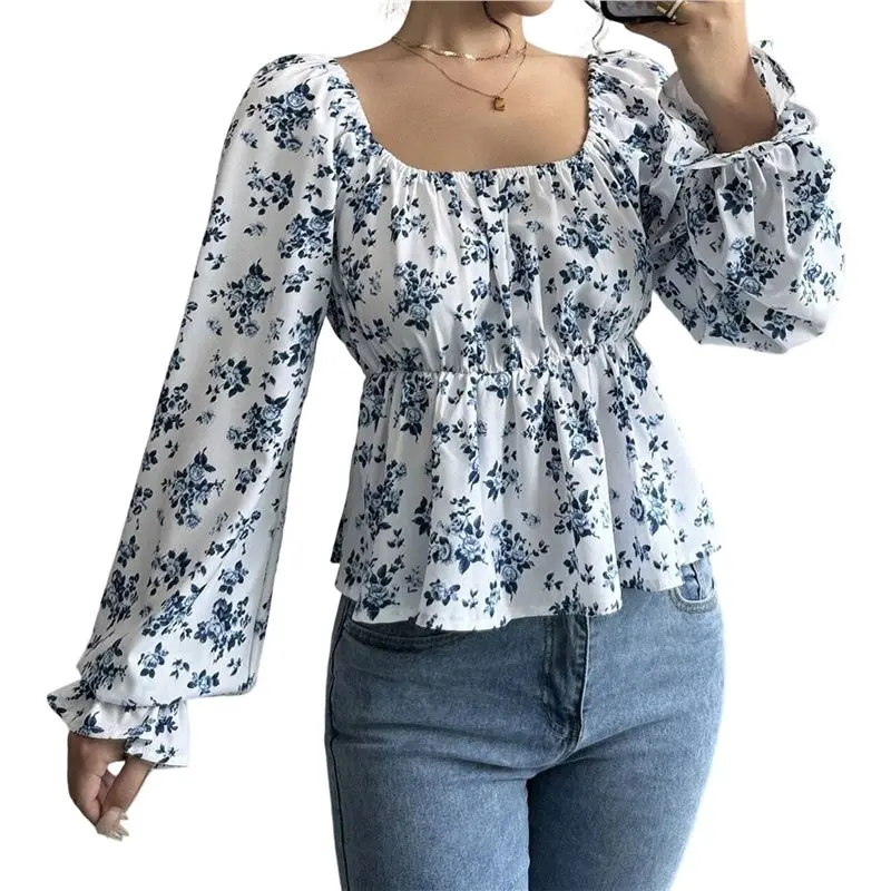 

CYL-женские рубашки с длинными рукавами и цветочным принтом в стиле бохо, топы с баской и квадратным вырезом, блузки