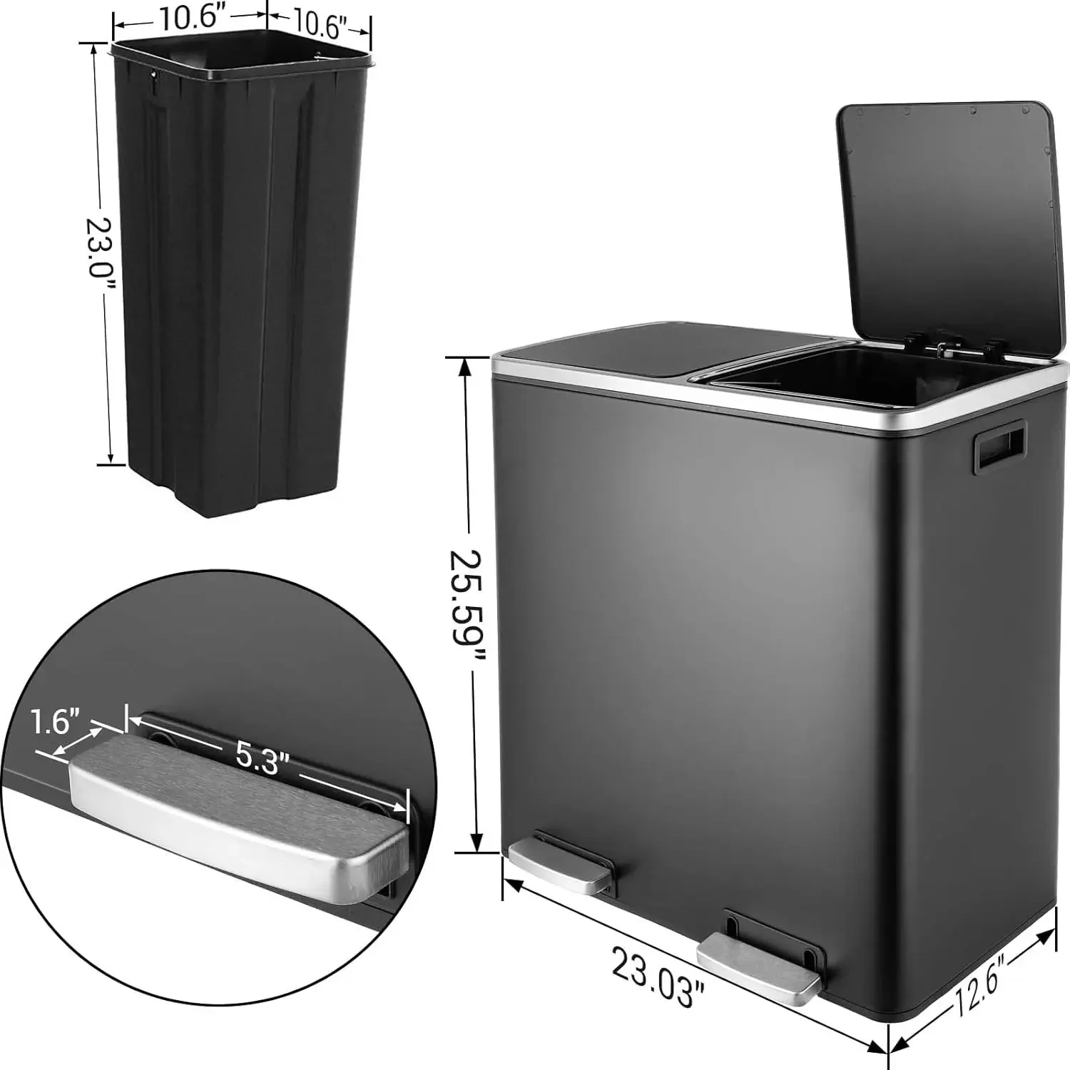 Trash Can, Stainless Steel Kitchen Garbage Can, Double Compartment Classified Rubbish Bin, Recycle Dustbin w/Plastic Inner Bucke