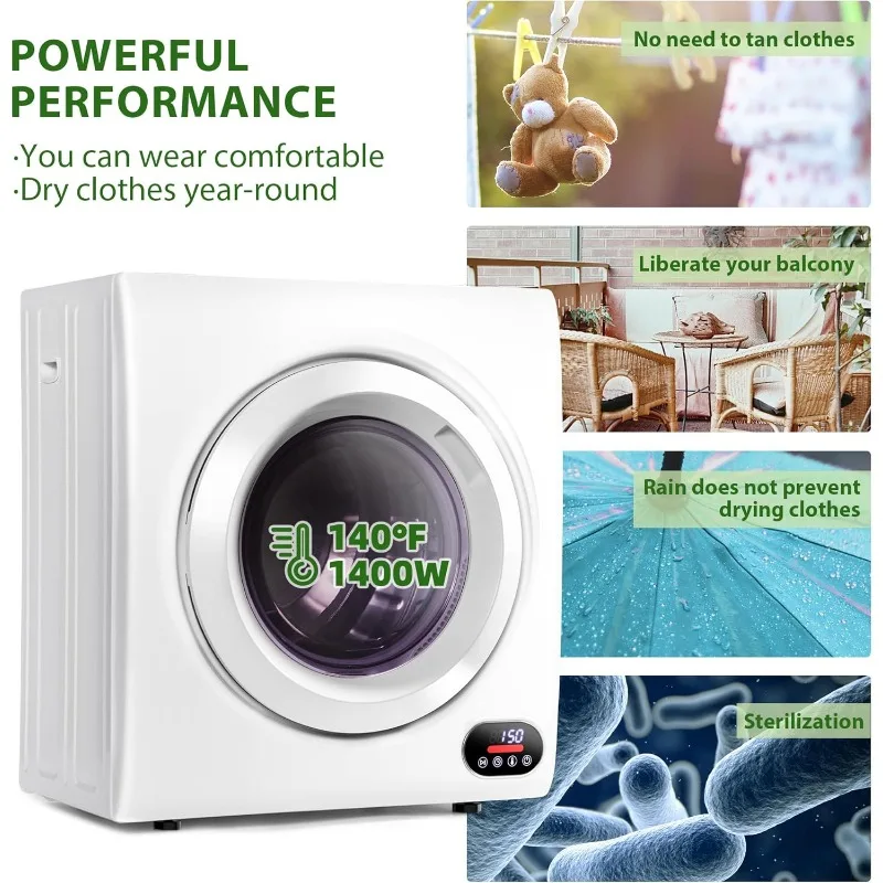 Secador de roupa compacto, secadores de roupas de aço inoxidável de carga frontal com tubo de escape, 1500W, painel de controle LCD portátil de quatro funções