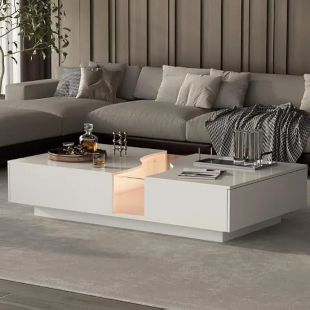 

Modern Coffee Table with 2 Drawers & Tempered Glass Top, Tea Table with LED Lights & Remote Control, Rectangular Center Table