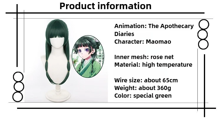 The Apothecary Diaries Maomao คอสเพลย์วิกผมฮาโลวีนเครื่องแต่งกายอุปกรณ์เสริมผู้หญิงสีเขียวเข้มยาวตรงวิกผม Comic-Con Party Props