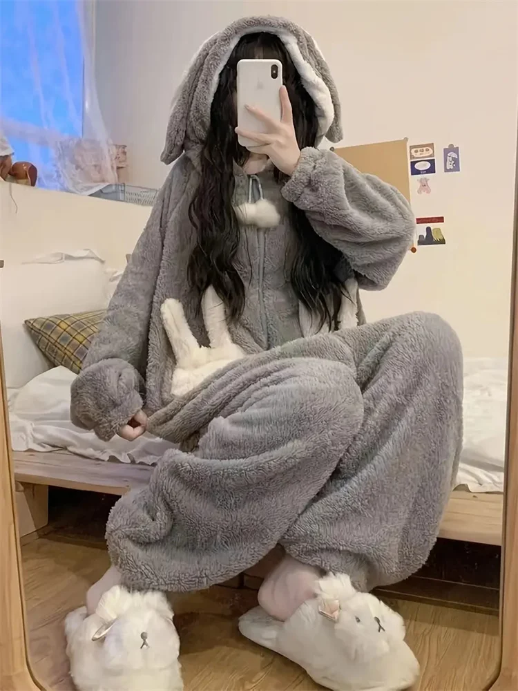 Winter Warm Cute Rabbit Body Suit Home Clothes for Women Coral Velvet Thickened Onesies Thicken Pyjama Adult Flannel Jumpsuits