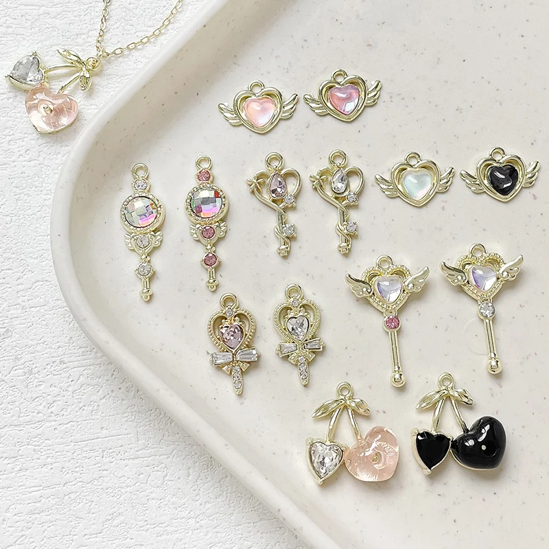 6 sztuk wiśni magiczny kij cyrkon serce wisiorek ze stopu Diy ręcznie robiona biżuteria bransoletka naszyjnik kolczyki Charms akcesoria z koralików