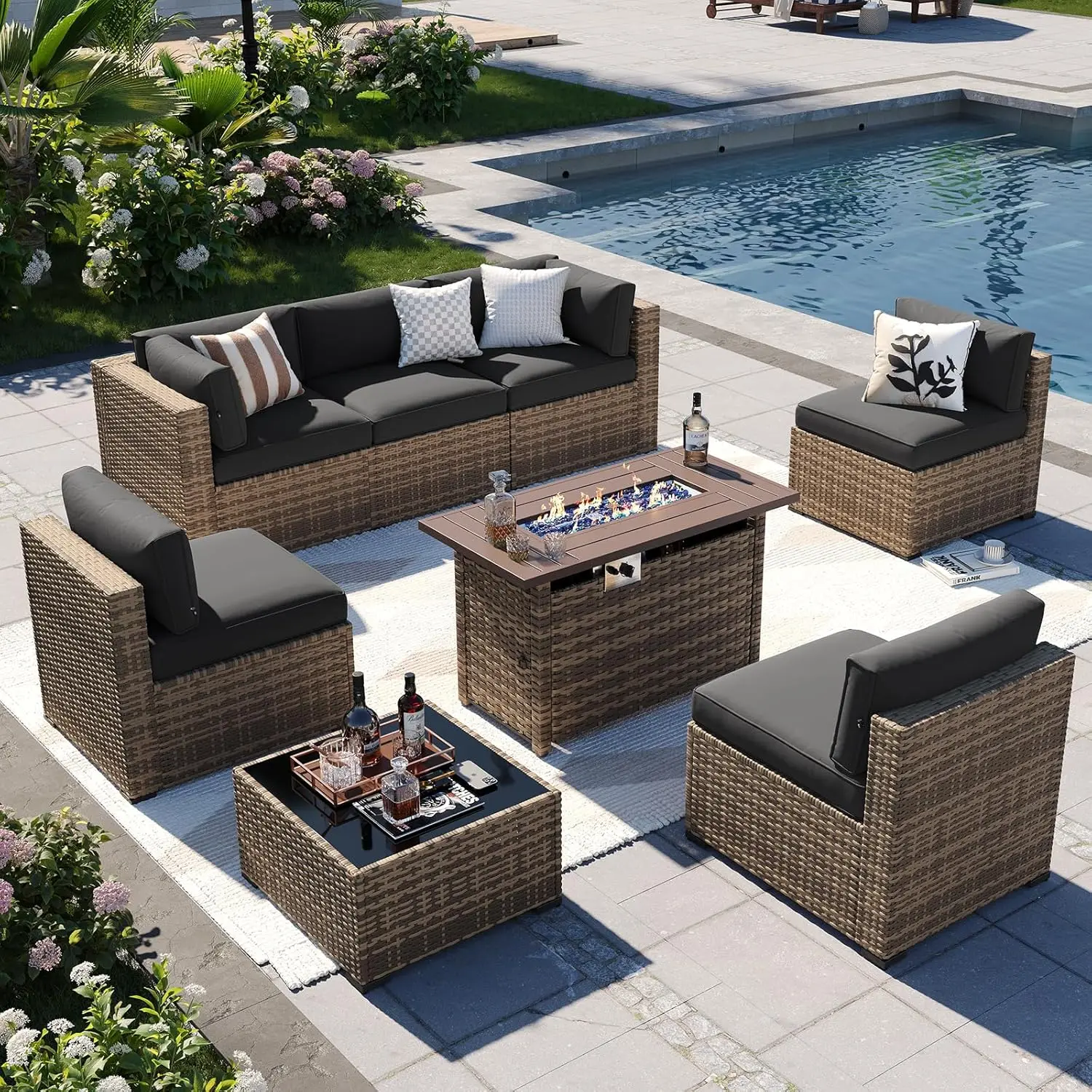 

Patio Furniture Sets, 8-Piece Outdoor Patio Furniture With 44'' Propane Gas Firepit Table, Wicker Outdoor, Customized