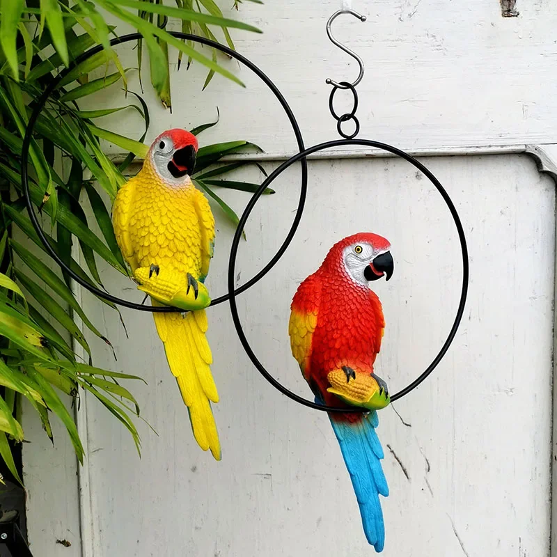 Simulation Resin Birds Iron Ring Parrot Ornaments Garden Figurines Crafts Villa Outdoor Courtyard Tree Decor Accessories