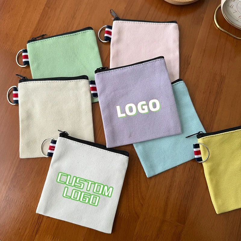 Custom Logo Canvas Zipper Coin Purse With Key Ring Mini Change Pouch Portable Small Wallet Coins Cards Keys Earbuds Daily Tiny