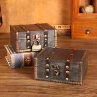 Retro Wooden Storage Box Retro Treasure Jewelry Necklace Postcard and Small Objects Storage Case Trinket Chest with Lock