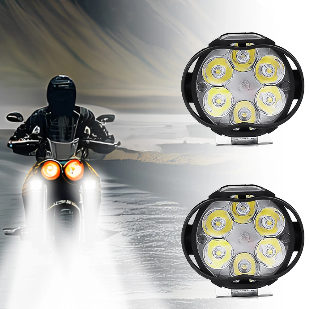 2Pcs 6 LED Motorcycle Headlight High Bright Waterproof Spot Light Brightness Auxiliary Spotlights Scooters Work Light Switch