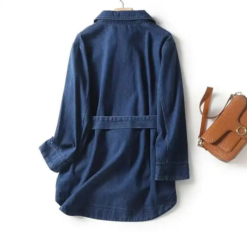 FANAN Temperament Denim 2 Piece Set Women's Lapel Belt Gathered Waist Jackets+high Waist Straight Loose Pants 2025 New Suits