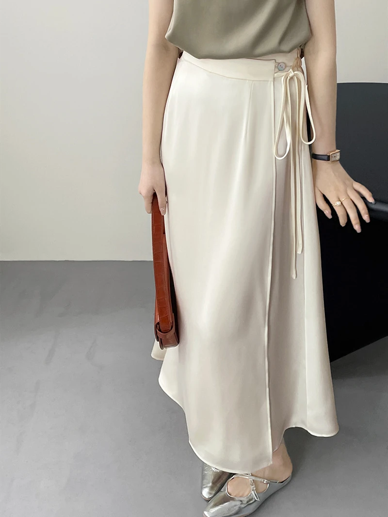 Spring New Girlish Medium Length Skirt Satin Finish Elastic Waist Side Tie A-Line Flowy Elegant Smooth Simplicity Solid Vestidos