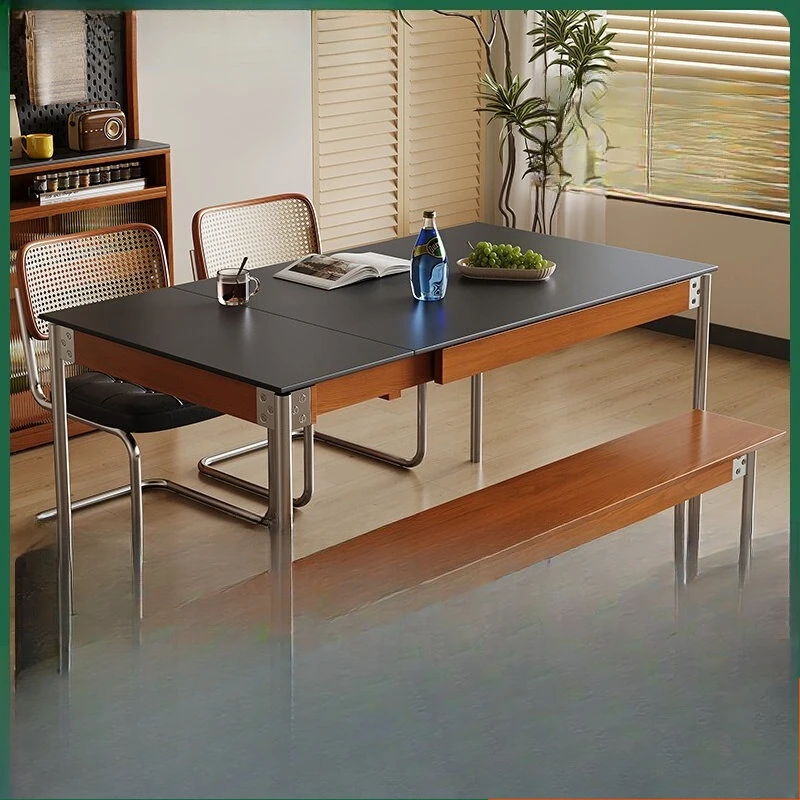 Cabin Nordic medieval retractable rock slab dining table solid wood foldable small apartment dining table dining table and chair