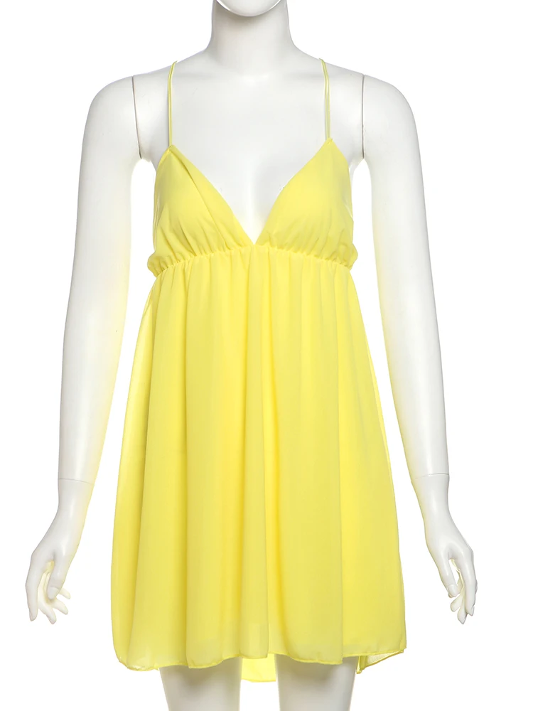 Weird Puss Rückenfreies Patchwork-Kleid für Damen, sexy Kreuz-Schnürung, ärmellos, tiefer V-Ausschnitt, solide, abgestufte Mitternachtclub-Mini-Bodycon