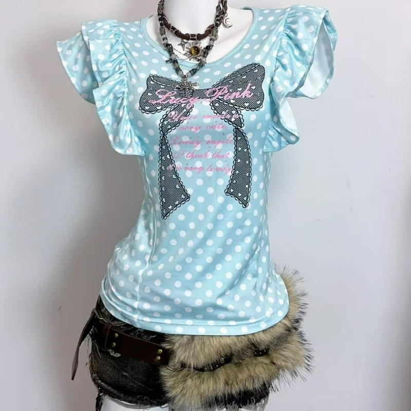 Japanese Sweet Lolita T Shirts Women Clothing Kawaii Polka Dot Print Ruffles Flutter Sleeve Tee Y2k Aesthetics Slim Cute T-Shirt