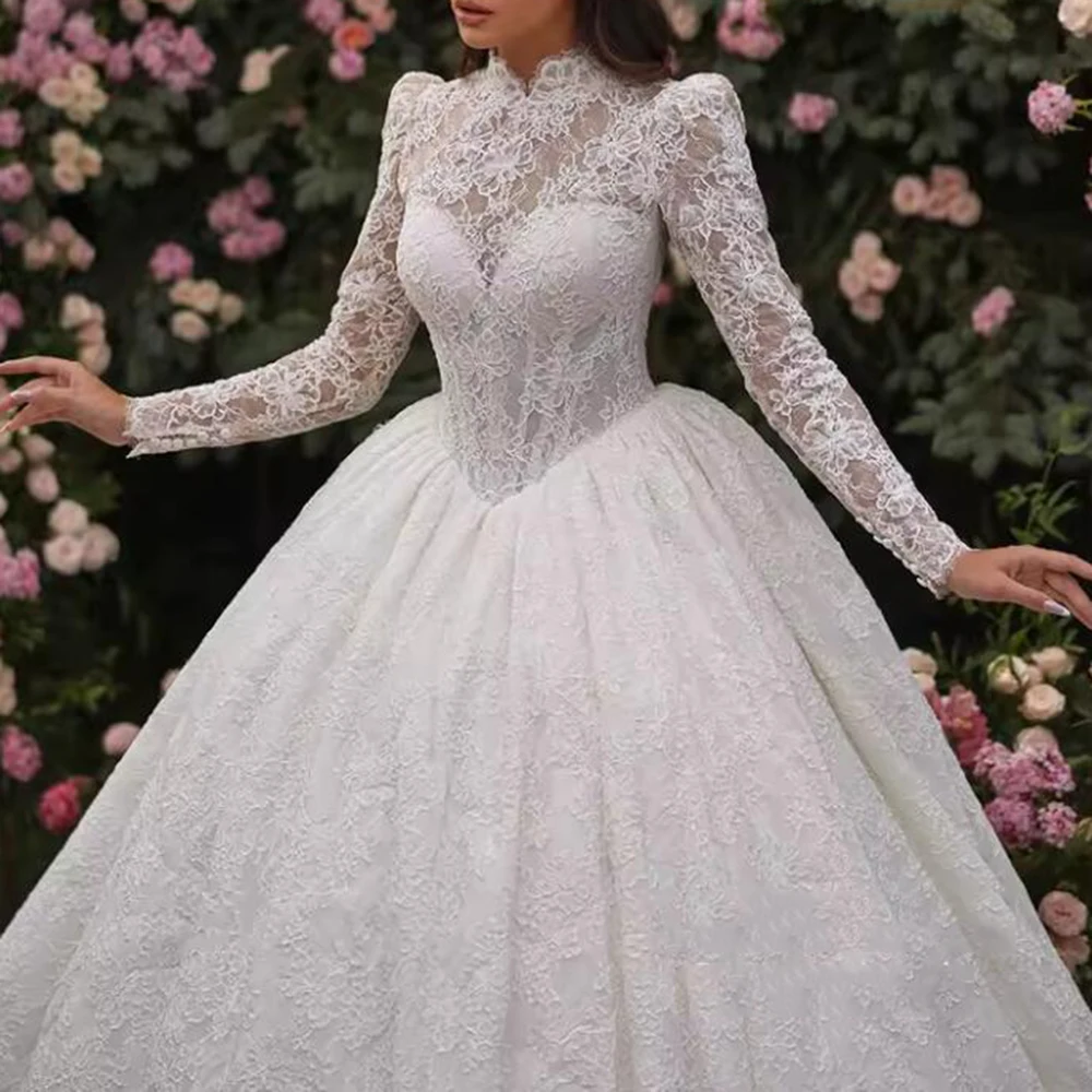 Przepiękne suknie ślubne z aplikacjami z koronki dla panny młodej, szyte na miarę, z wysokim dekoltem, długimi rękawami, suknia ślubna w stylu saudyjskim, Robe De Mariee