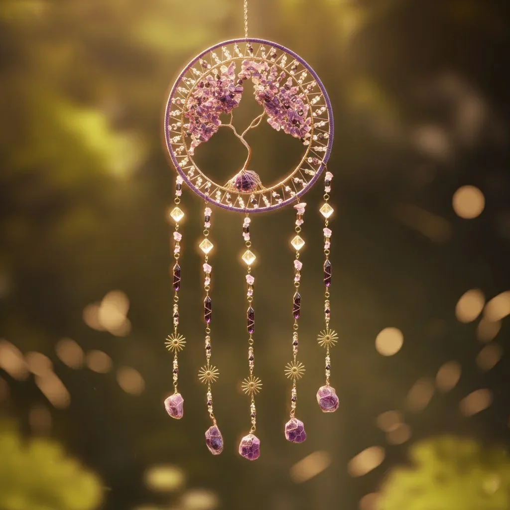 Tree of Life Amethyst Crystal Dream Catcher, Handmade Boho Wall Hanging Decor for Bedroom Home, Healing Stone Spiritual Gift