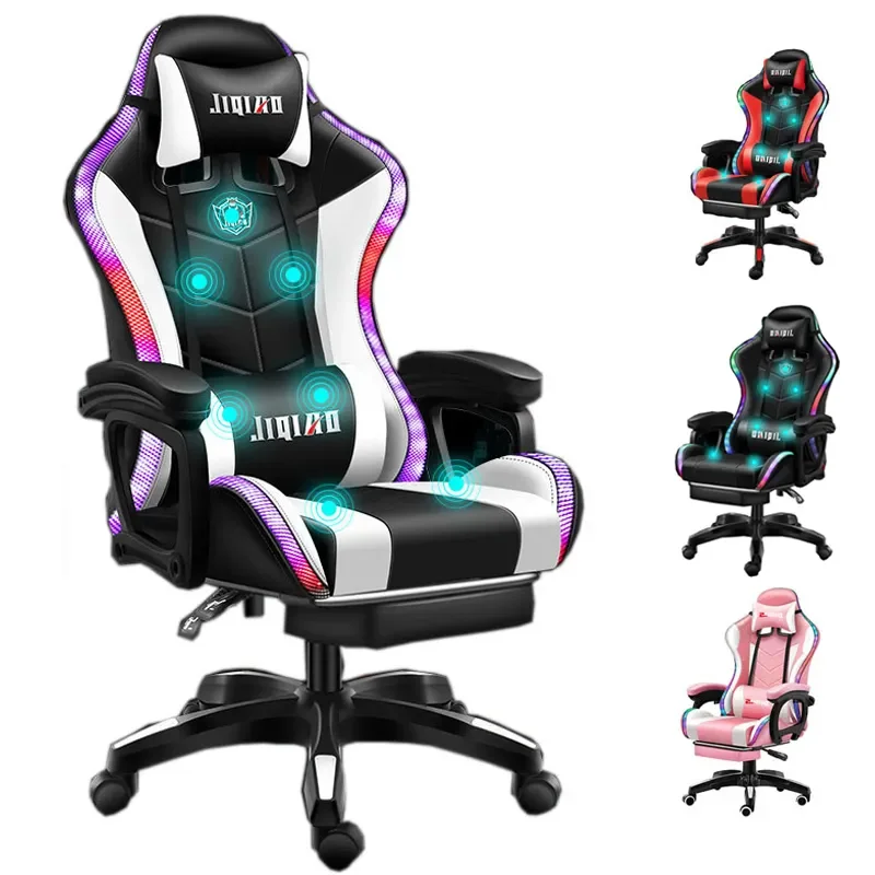 #*PU Leather Ergonomic Racing Gaming Chair with LED, Massage Cushion and Surround Speakers for Home Pc Gaming and Office Use