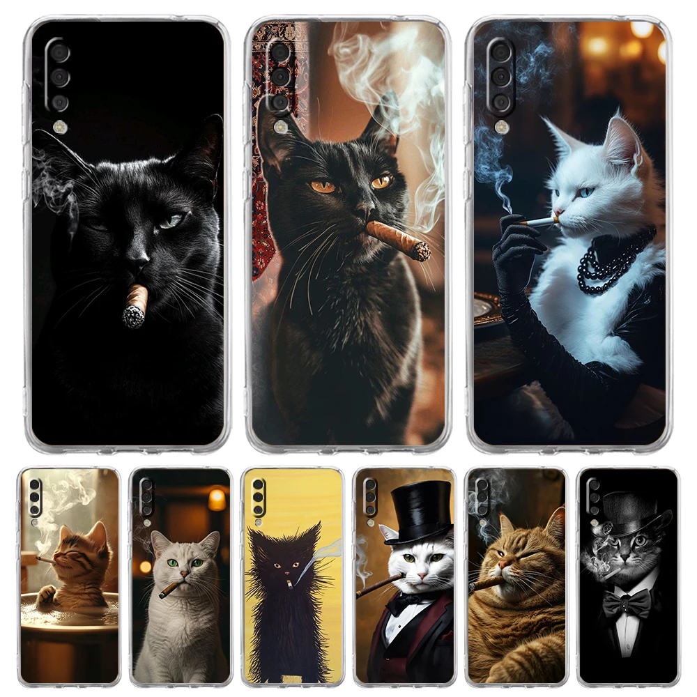Fashion Kitten Smoking Pattern Transparent Phone Case for Samsung Galaxy A16 A14 A12 A24 A16 A06 A50 A70 A56 A54 A36 Soft TPU