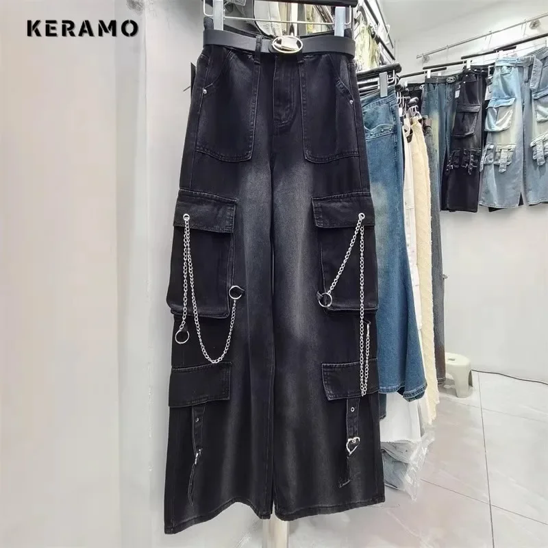 PB & ZA Casual Retro ขากว้าง Baggy Emo DENIM กางเกง Harajuku CHAIN Design เอวสูงกางเกงยีนส์หลวมผู้หญิง Y2K Grunge กระเป๋ากางเกง