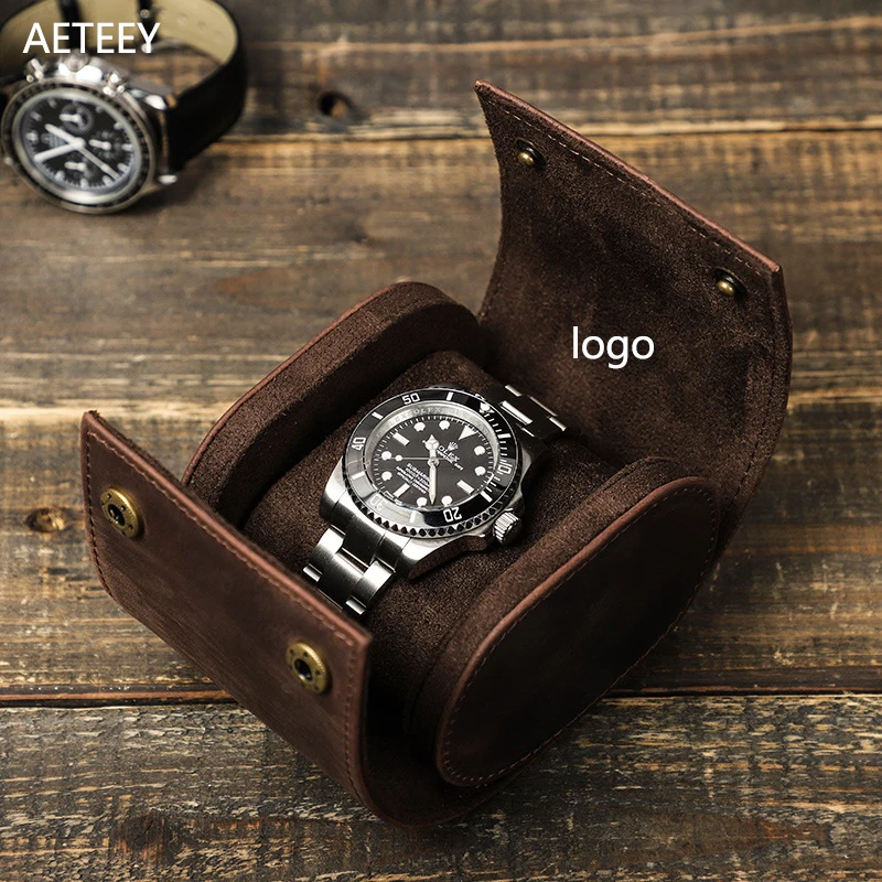 

New Watch Case Single Crazy Horse Oil Coated Leather Travel Removable Convenient Watch Storage Case Roll Case Free Custom Logo