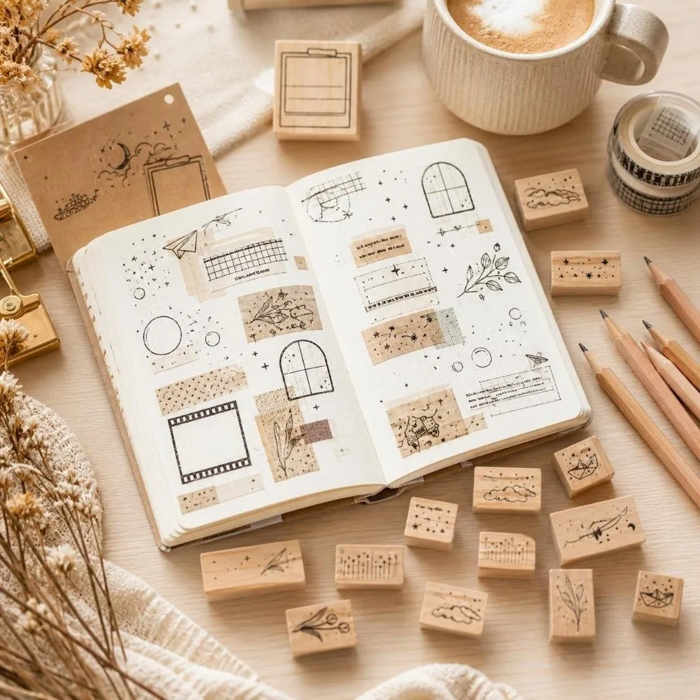 16pcs Clear Imprint Wooden Rubber Stamp Set Moon Cloud Scenery Delicate Carving Decorative Wood Stamp Rectangle Stamp Set