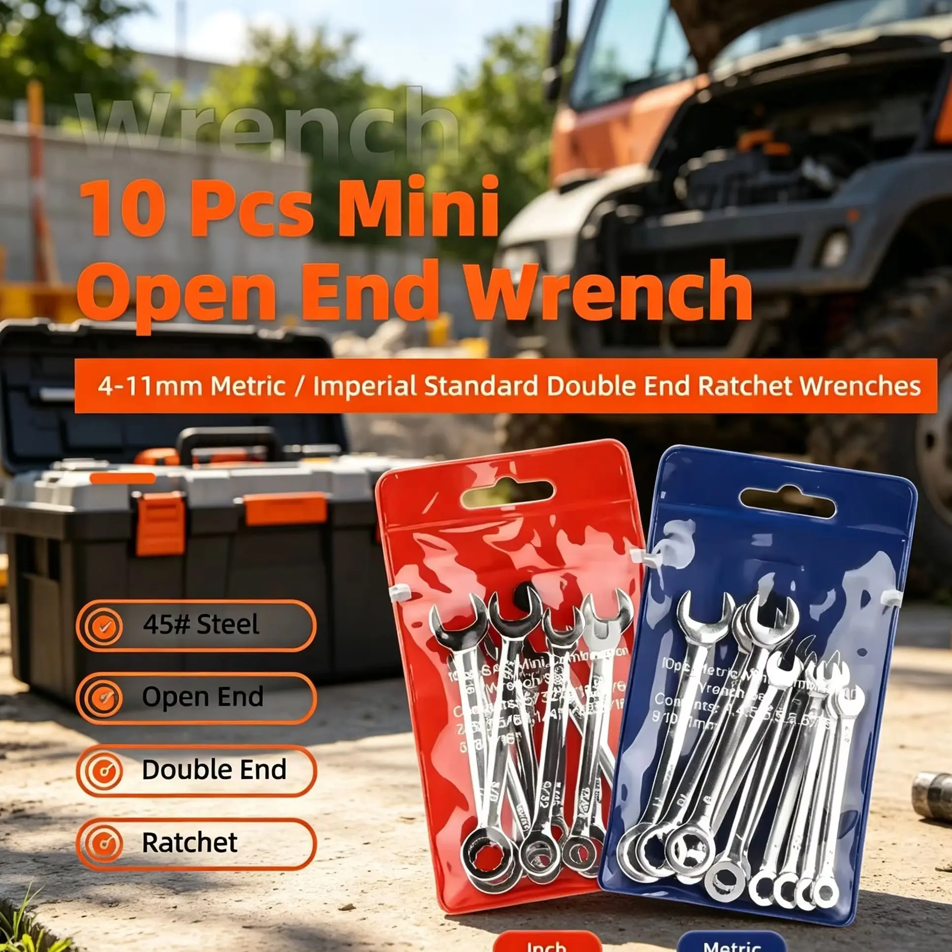 10 Pcs 45# Steel Miniature Double End Ratchet Open End Combination Spanner Set 4-11mm Metric/Imperial Durable Tools