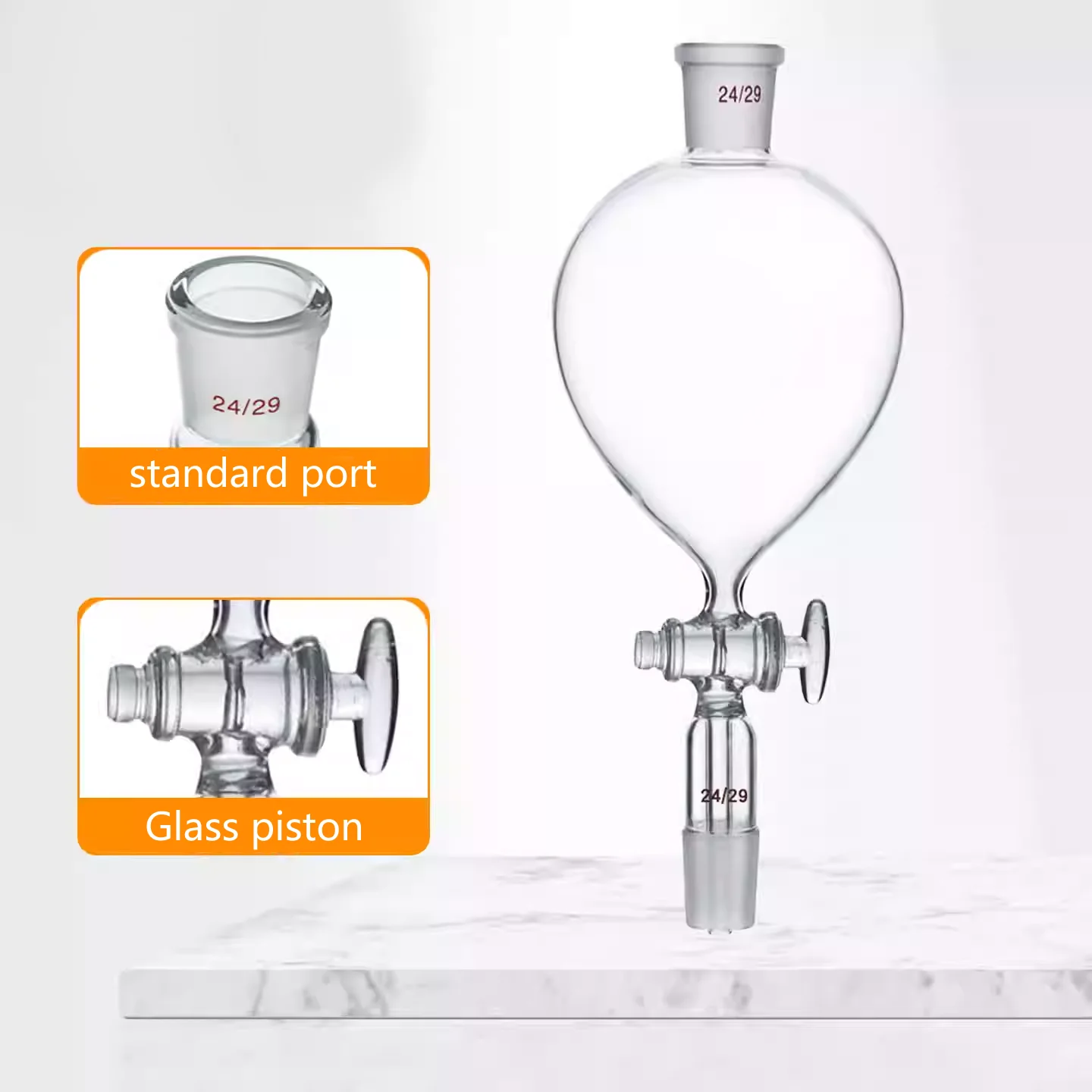 Standard-mouth spherical separating funnel, glass, PTFE piston, laboratory oil-water separator, upper and lower dripping