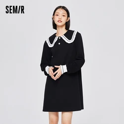 Semir Dress Women Contrast Color Doll Collar Loose 2022 Autumn New Sweet Beauty Growth Sleeve Sweatshirt-Dress Playful